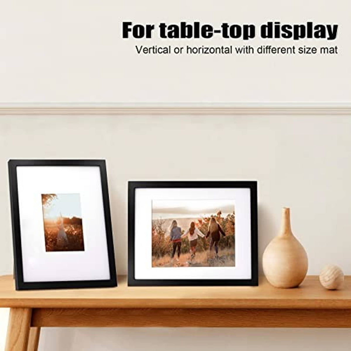 Black solid wood picture frame for table-top display, vertical or horizontal with mat