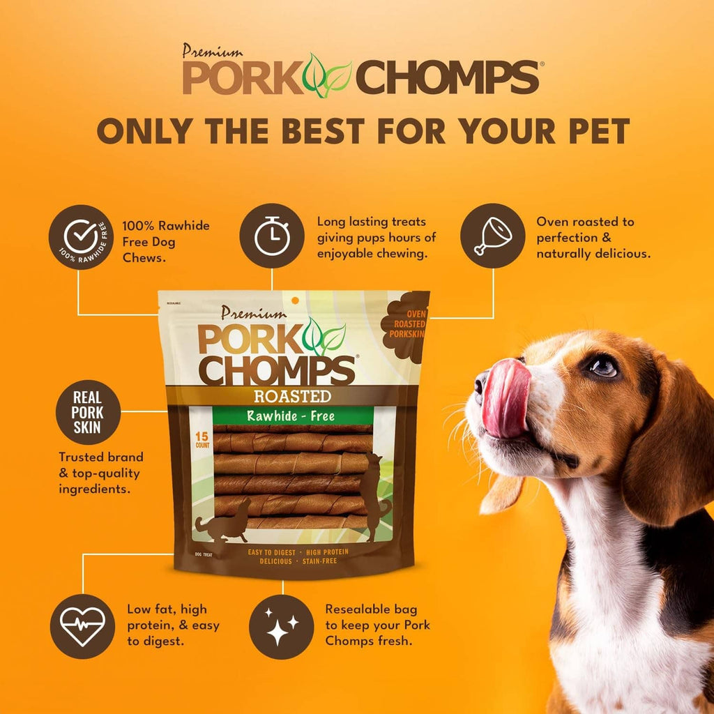 Roasted pork skin dog chews package with twist treats visible