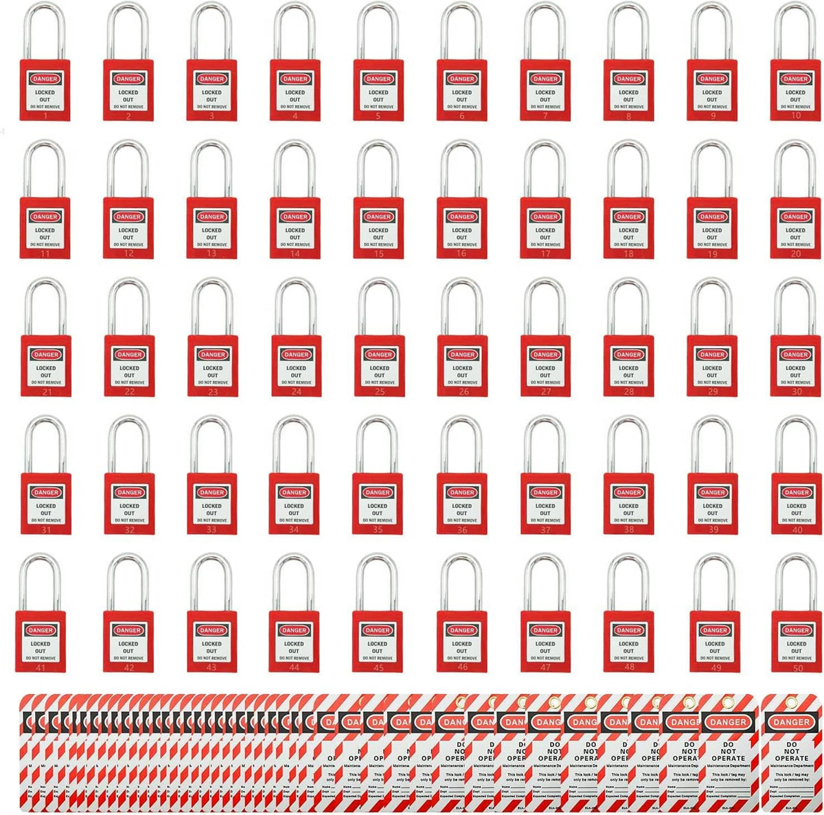 Lockout padlocks with red LOTO tags and metal shackle, arranged in rows