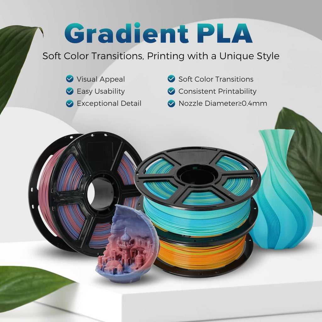 PLA filament spool set with blue, teal, and multicolor gradient filaments