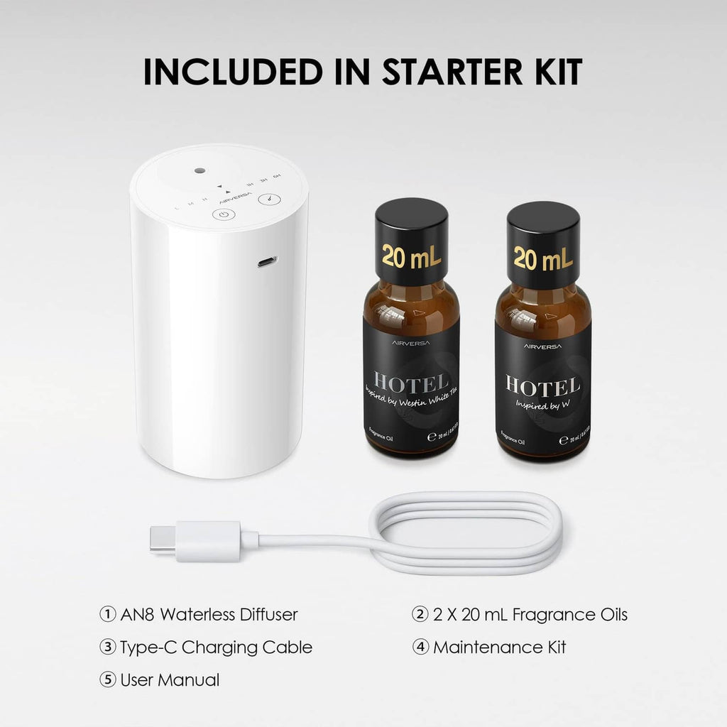 Waterless essential oil diffuser starter kit: white unit, two 20 mL oils, USB-C cable
