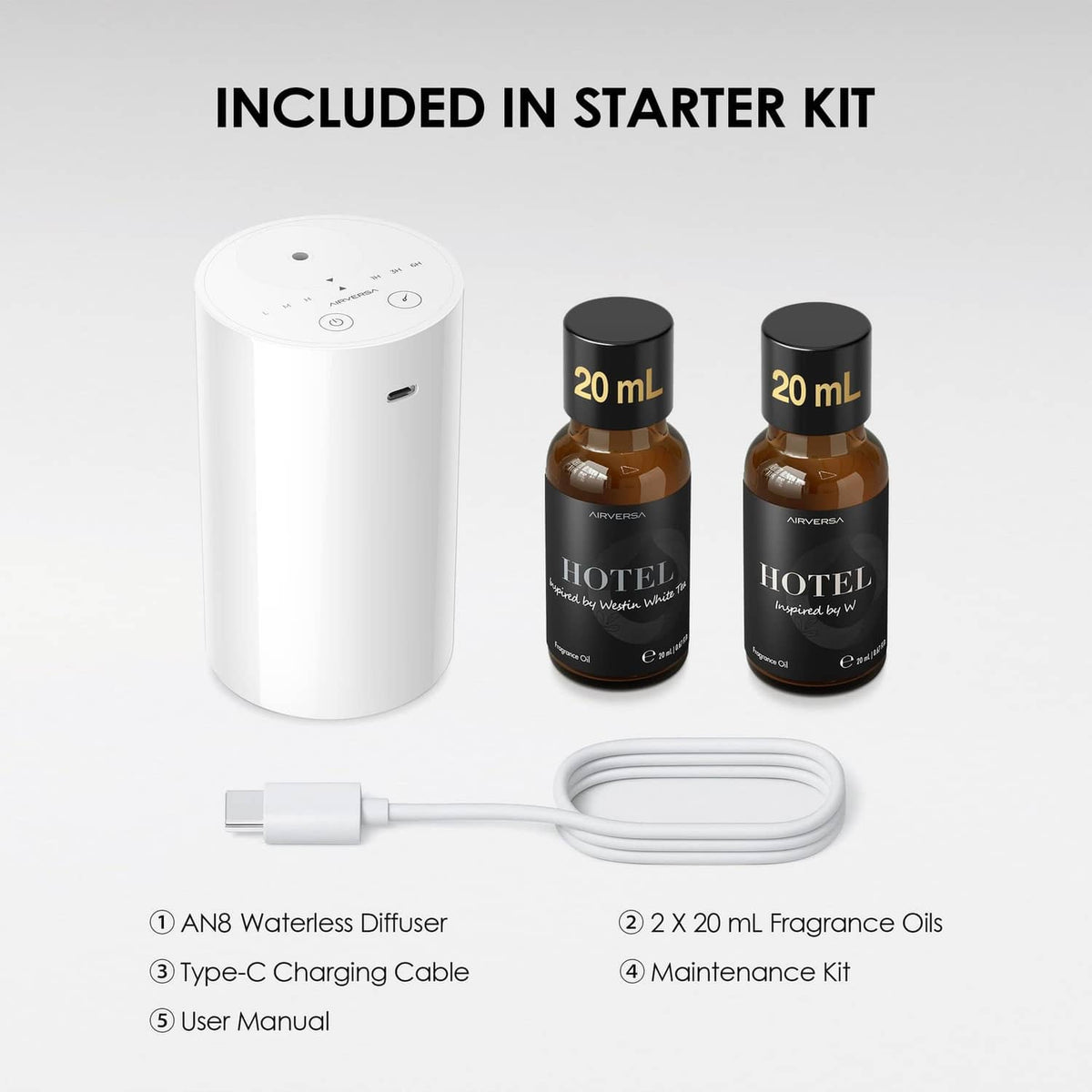 Waterless essential oil diffuser starter kit: white unit, two 20 mL oils, USB-C cable
