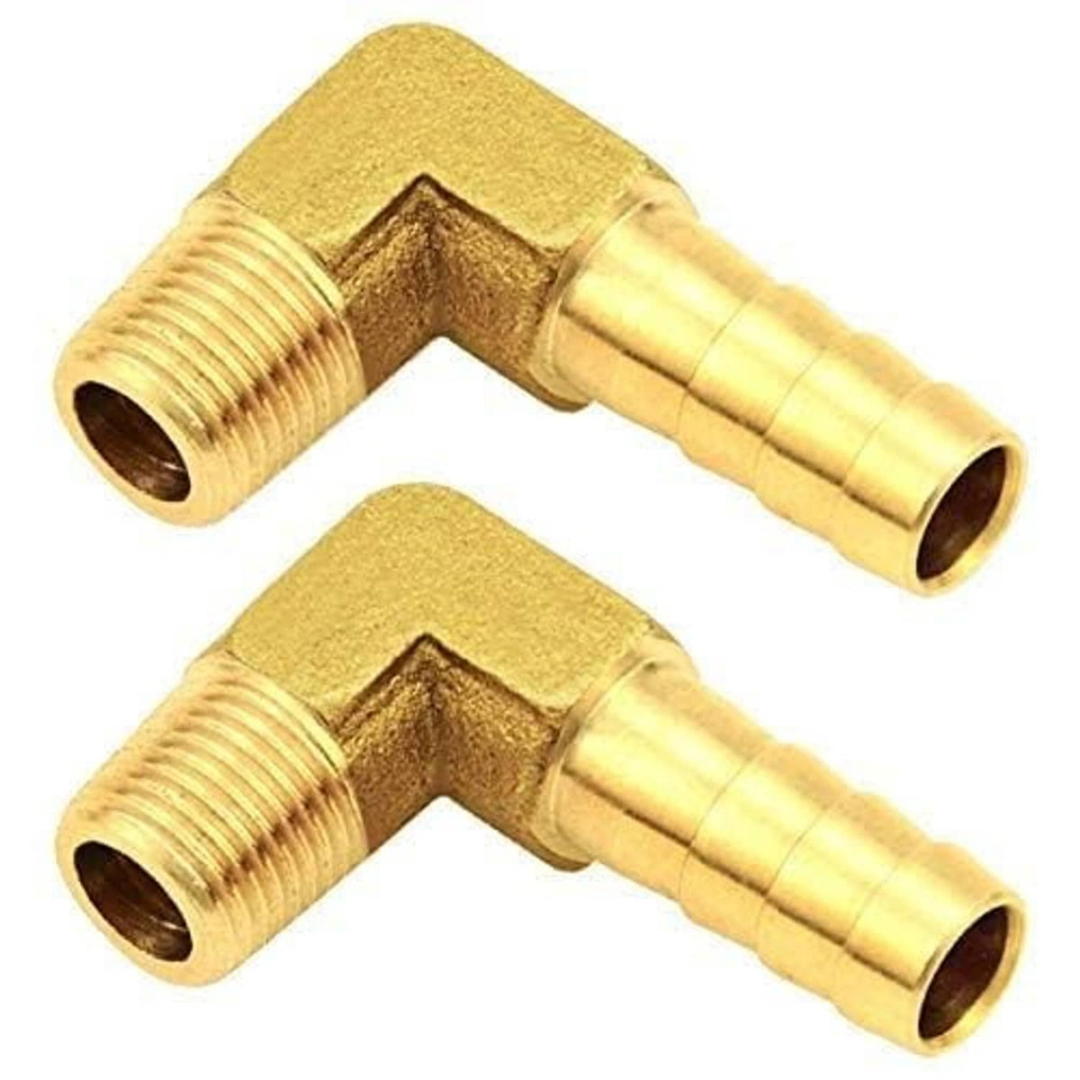 Two-pack brass 90° elbow hose fittings with 5/16in barbs and male NPT threads