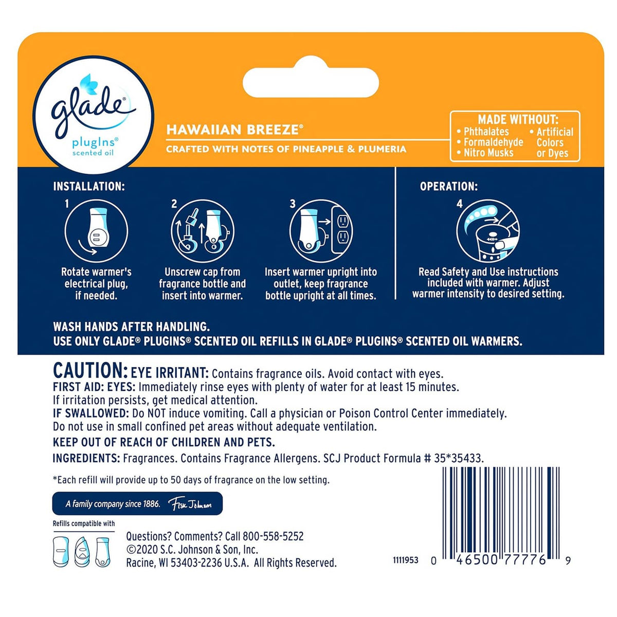 Glade PlugIns Hawaiian Breeze refill pack back with instructions and caution label