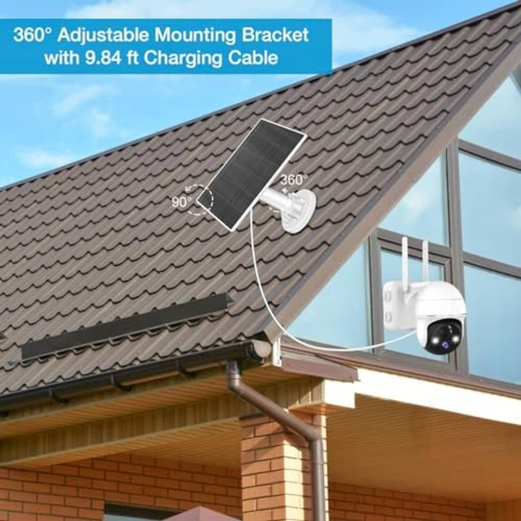 Black solar panel mounted on roof with adjustable 360° bracket and charging cable