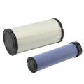 Air filter cartridge set with blue and white pleated cylinders, black end caps
