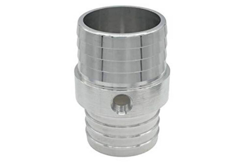 Stainless radiator hose barb coupler with circular opening and centered 1/8" NPT threaded port.