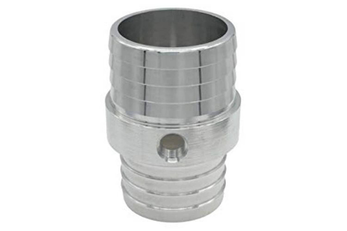 Stainless radiator hose barb coupler with circular opening and centered 1/8" NPT threaded port.