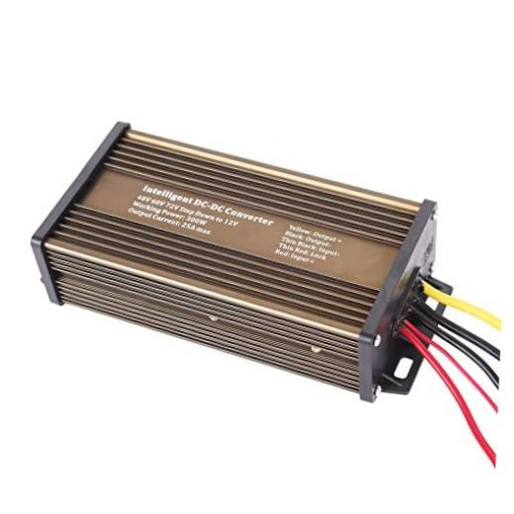 Aluminum finned DC step-down converter with mounting bracket and red/yellow/black wires