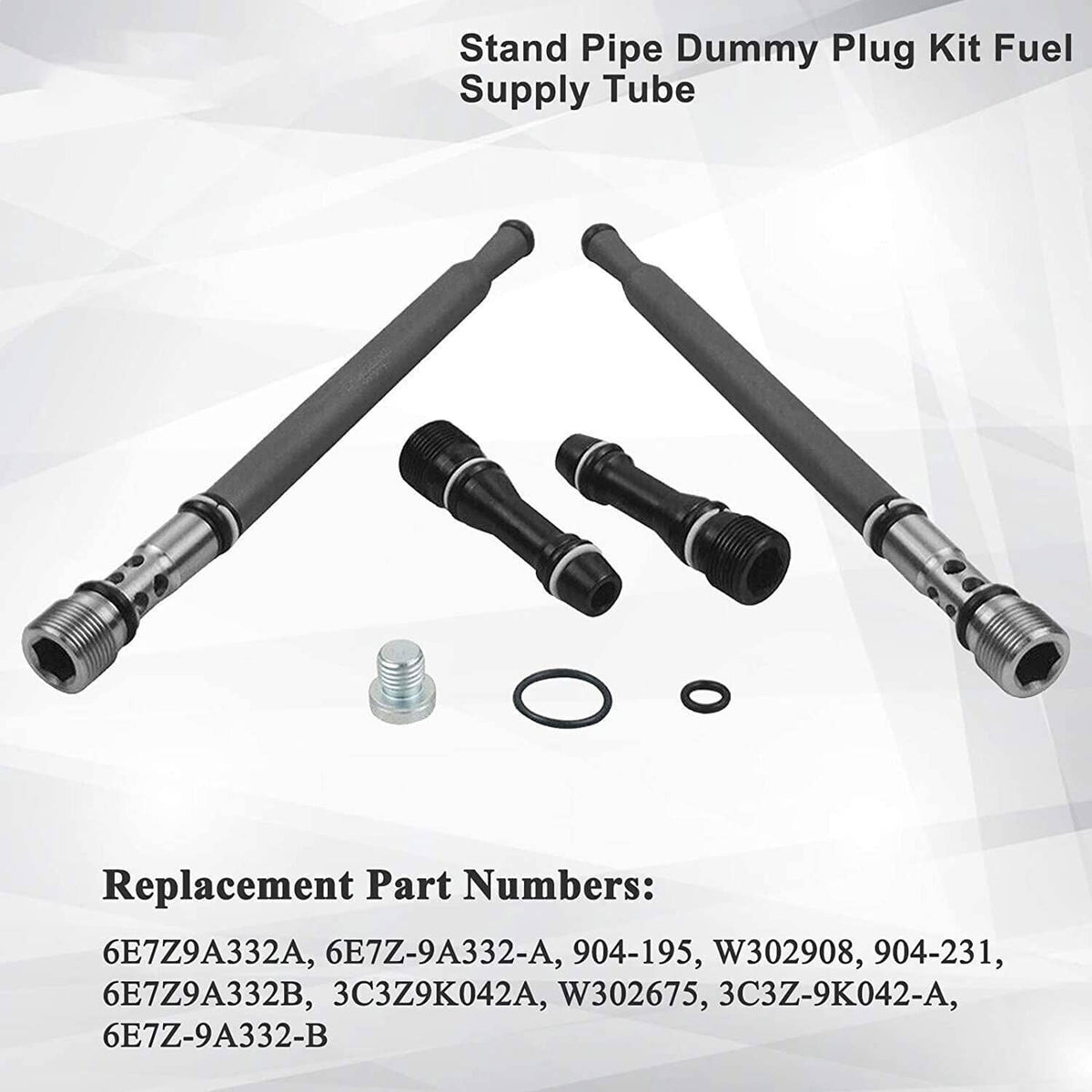 Fuel supply stand pipe dummy plug kit: two tubes with threaded ends, O-rings, and metal cap