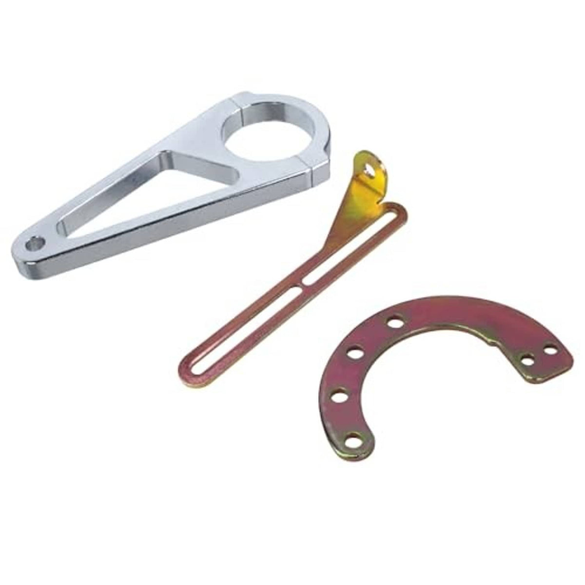Transmission shift linkage kit with silver lever, copper brace, and red mounting plate