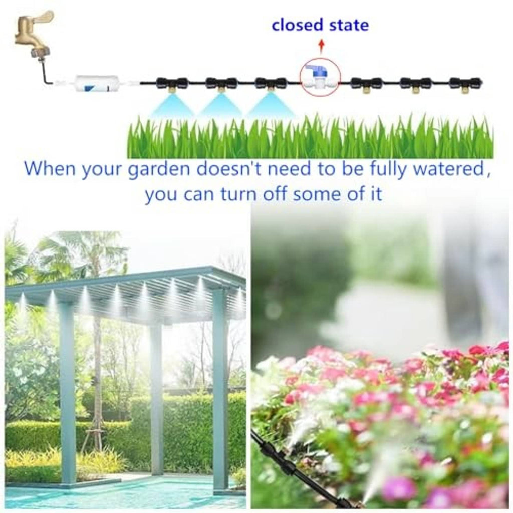 Inline shutoff valve and misting nozzles on an outdoor garden misting hose system