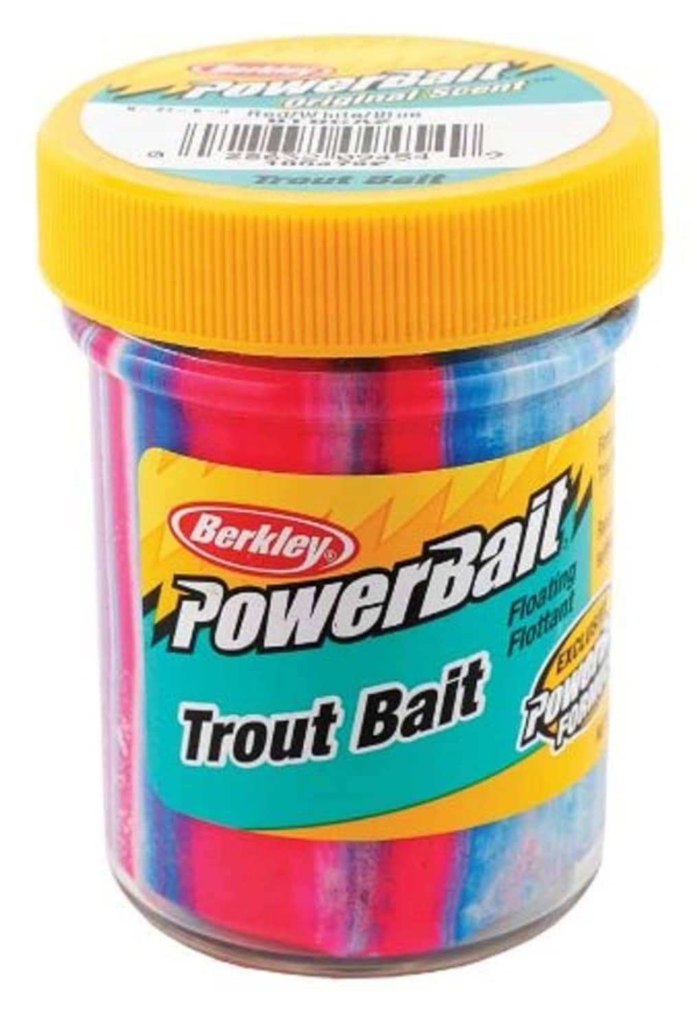 Berkley PowerBait Trout bait in a yellow-lidded clear plastic jar, multicolor bait pieces