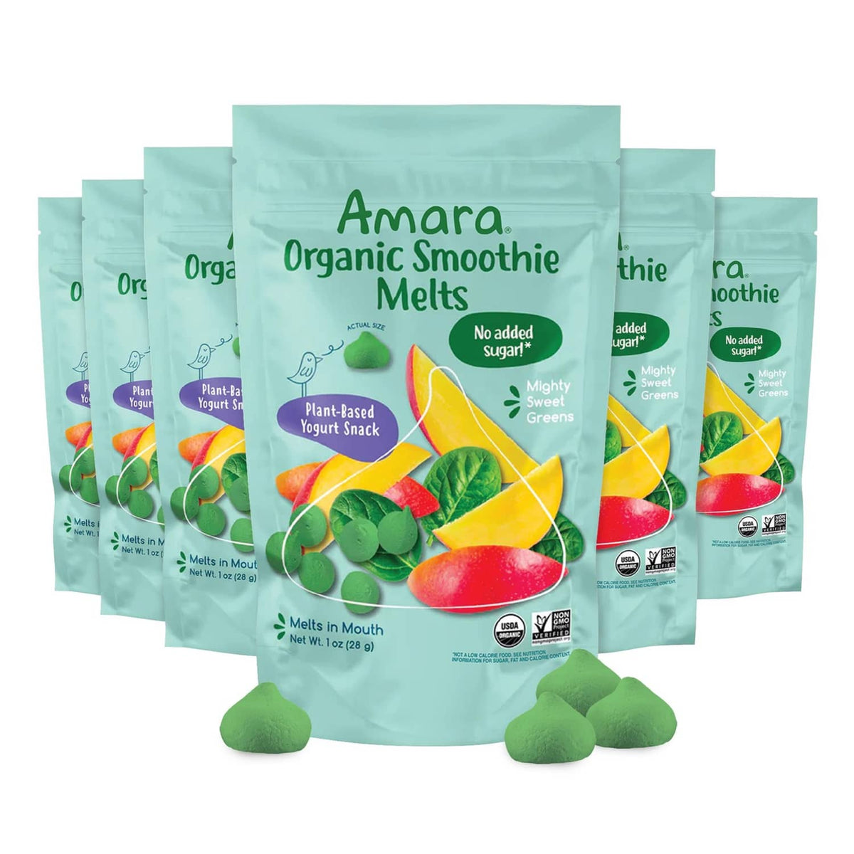 Amara Organic Smoothie Melts Mighty Sweet Greens pouch, plant-based yogurt snack
