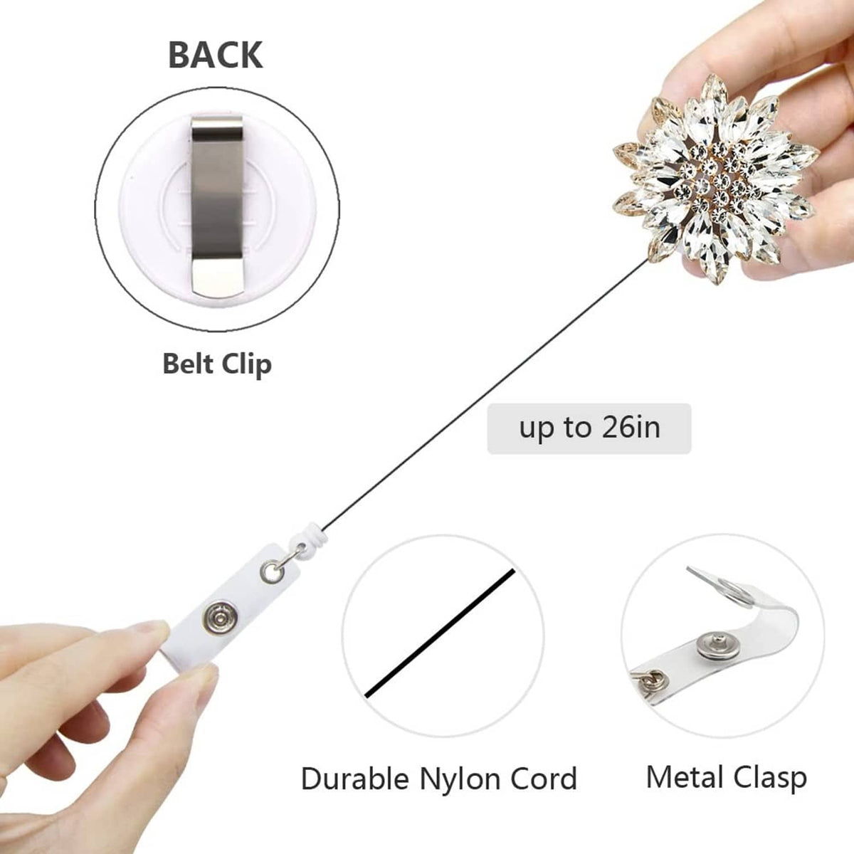 Back view: belt clip, durable nylon cord, and metal clasp for badge reel