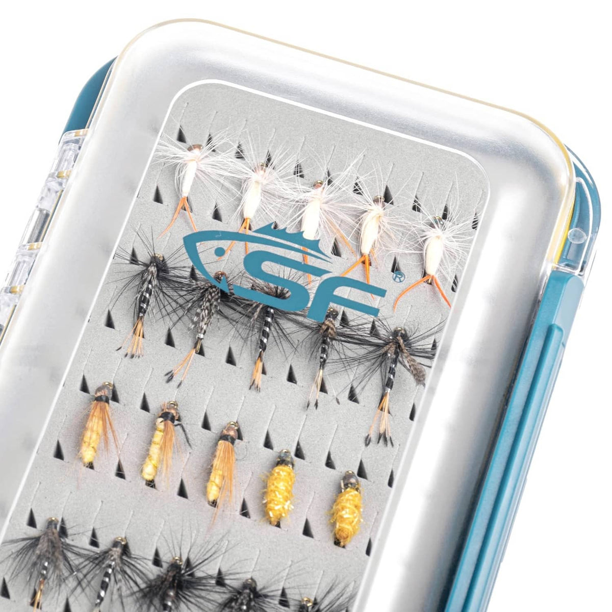 Large fly fishing box with clear lid showing foam insert and multiple dry flies