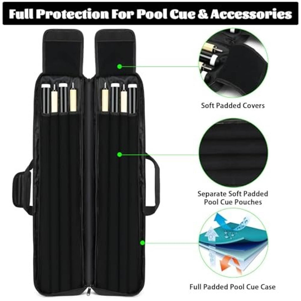 Black padded pool cue case open, showing multiple cue sleeves and separators