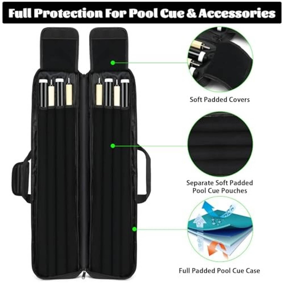 Black padded pool cue case open, showing multiple cue sleeves and separators