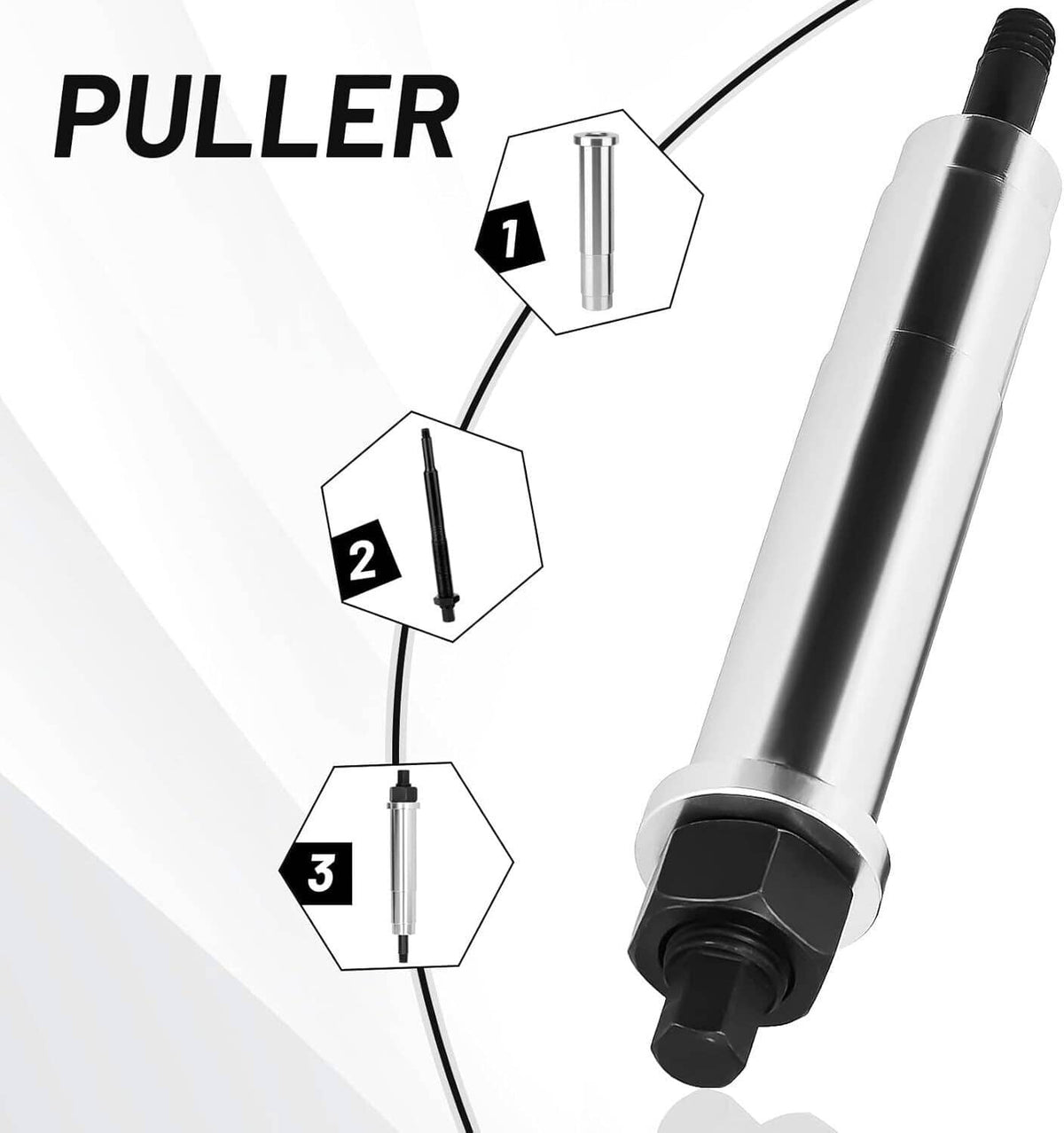 Spark plug puller tool with black handle and chrome shaft, shown with step labels