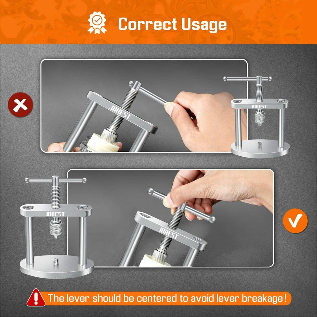 Watch press tool set with correct usage showing centered lever to avoid breakage