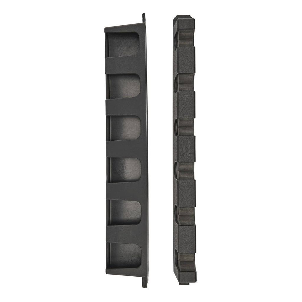 Black vertical rod rack back plate with long slotted support strip.