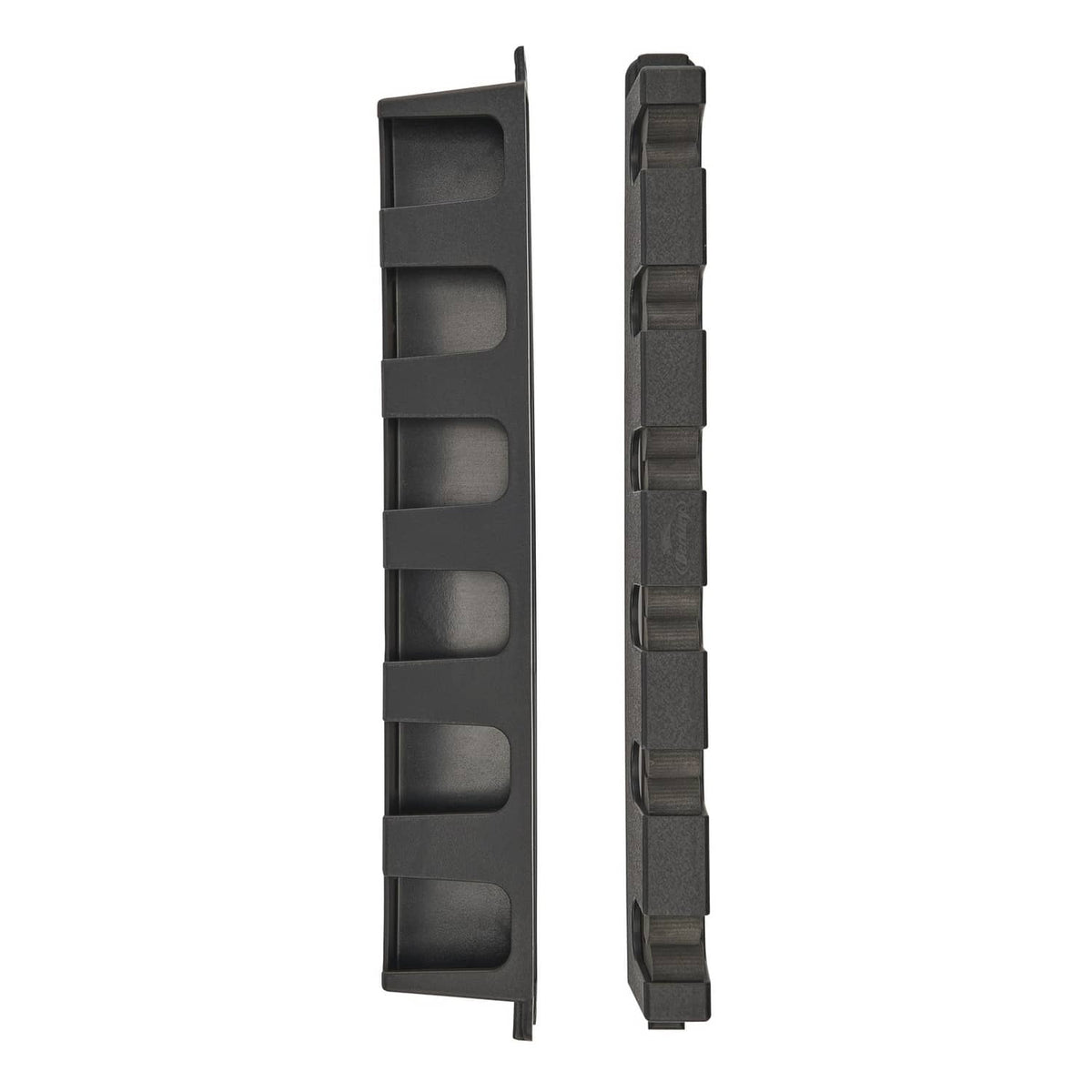 Black vertical rod rack back plate with long slotted support strip.