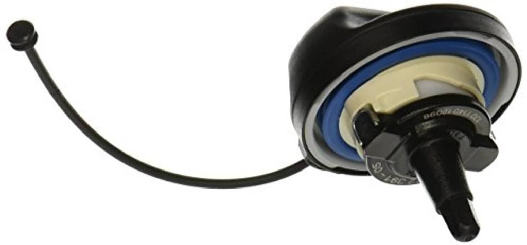 Fuel filler cap assembly with black nozzle, blue seal ring, and connected tether cord