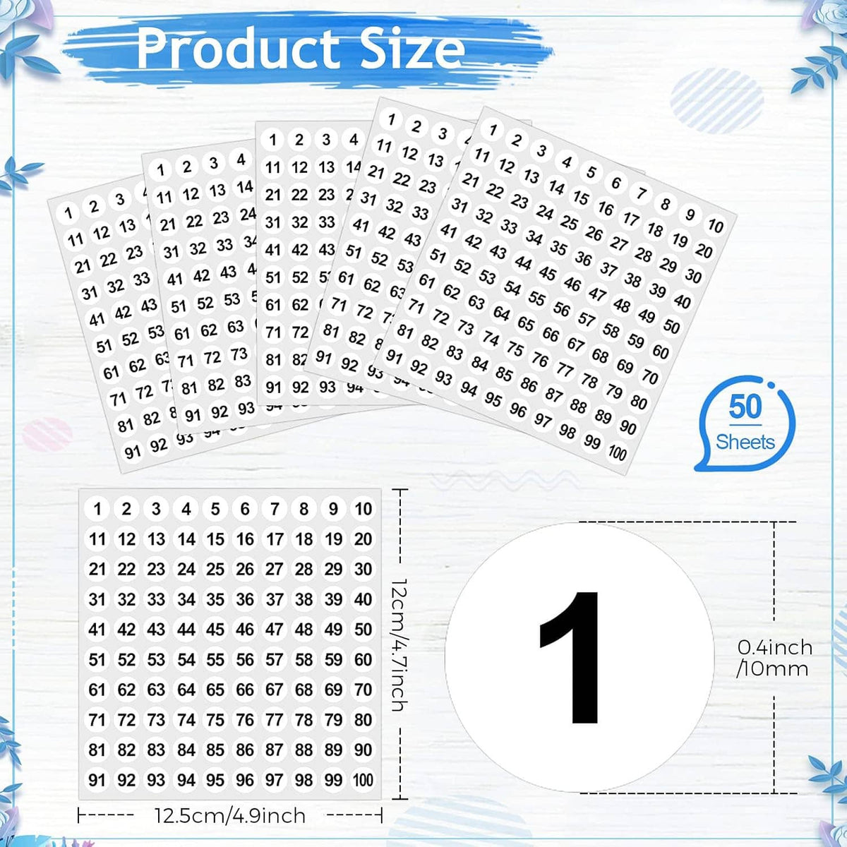 Vinyl number sticker sheet with size diagram and large circle label showing number 1