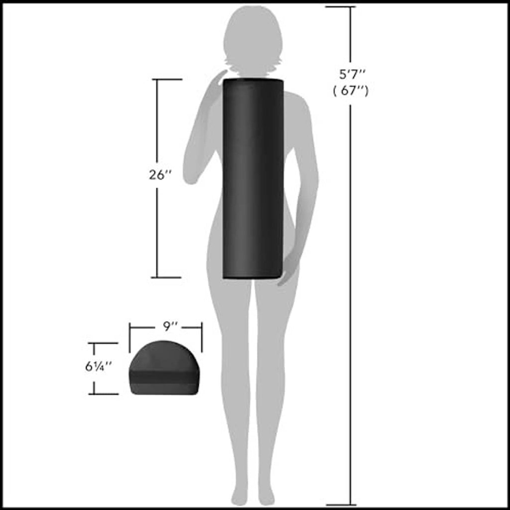 Black massage bolster with size diagram: 26 in long, 9 in wide, 6-1/4 in high