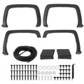 Black front and rear fender flare set with mounting hardware and coiled wire