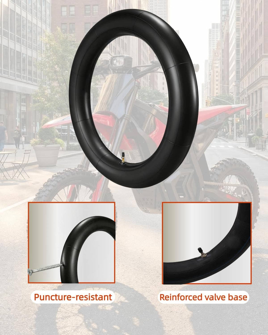 Black rubber inner tube with reinforced valve base detail