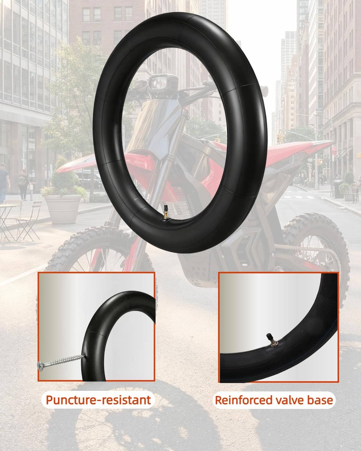 Black rubber inner tube with reinforced valve base detail