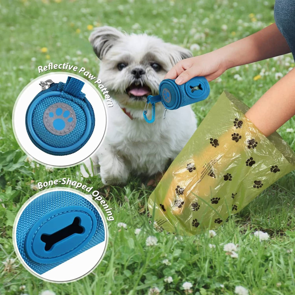 Sky blue dog poop bag dispenser with paw-button clasp and green waste bag