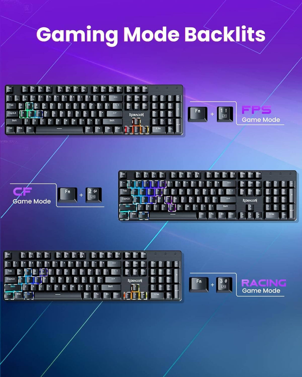 Redragon mechanical gaming keyboard with RGB backlighting showing multiple lighting modes.