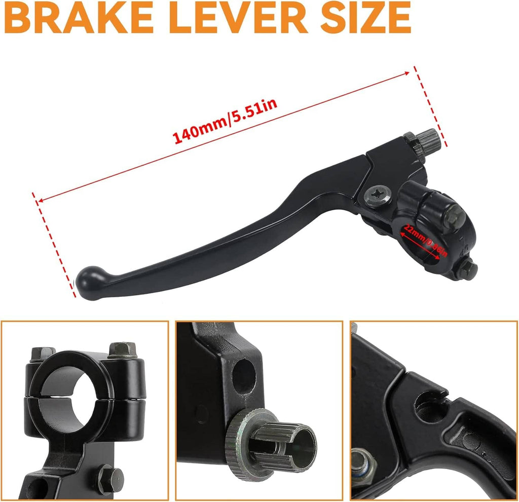 Black clutch lever with cable adjuster and mounting clamp, shown with size inset