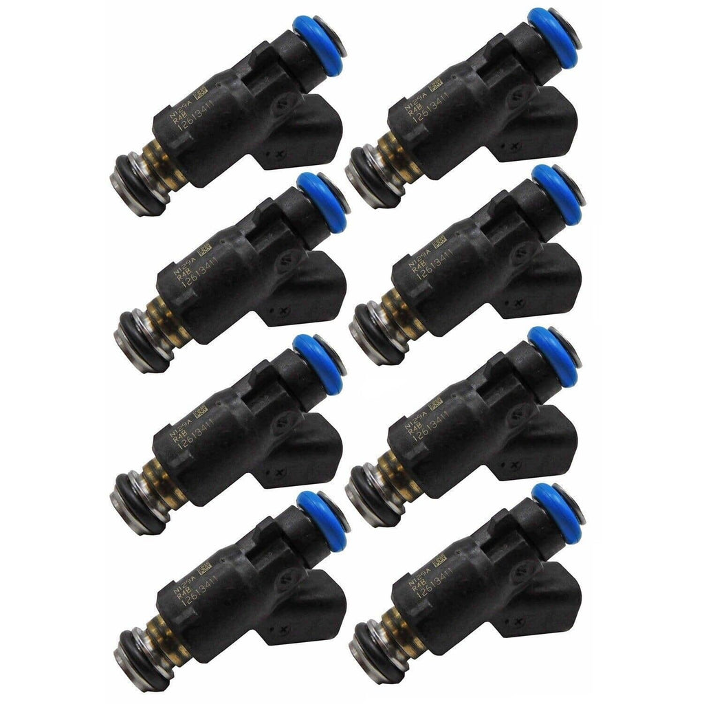 8-pack fuel injectors, black bodies with blue O-ring seals and metal nozzle tips
