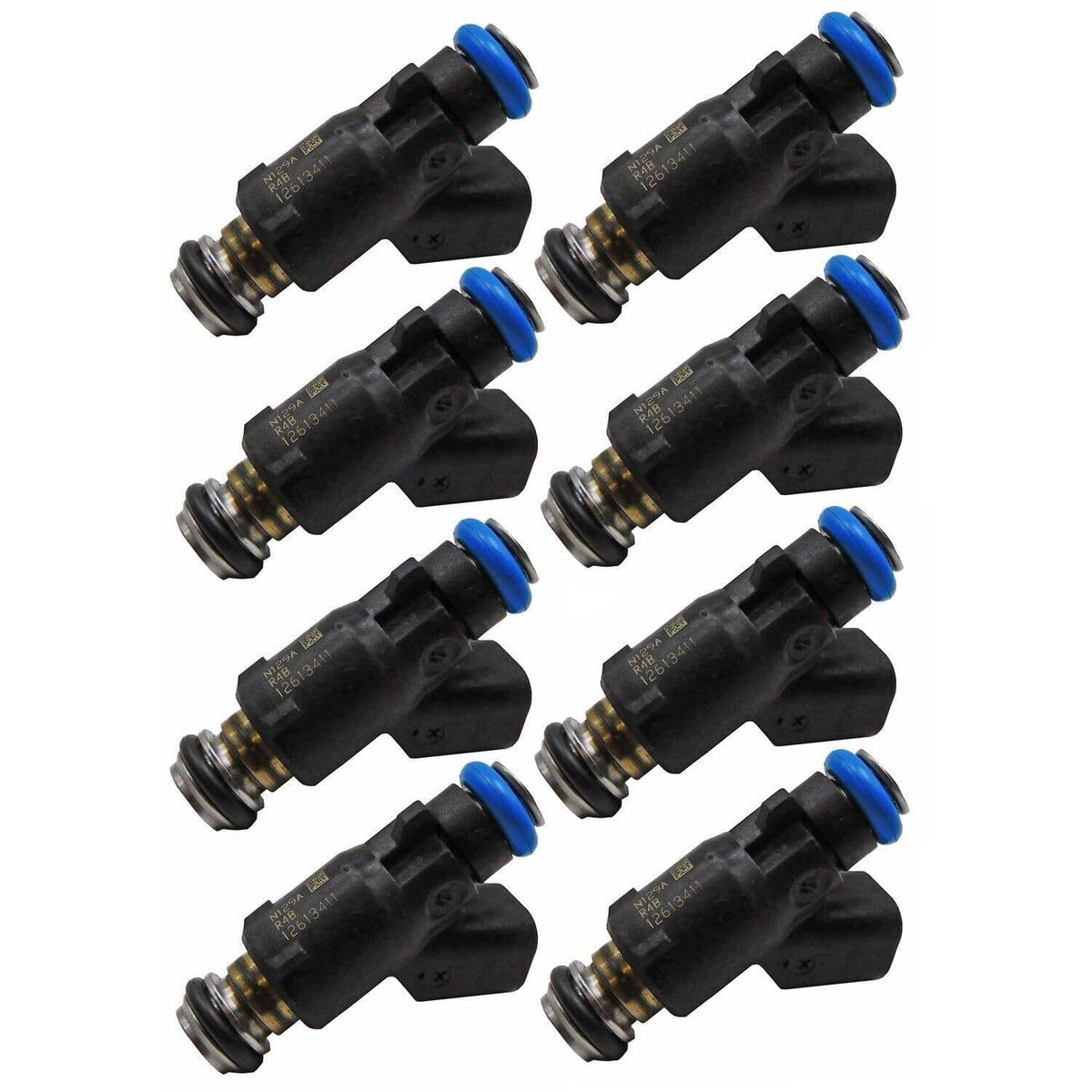 8-pack fuel injectors, black bodies with blue O-ring seals and metal nozzle tips