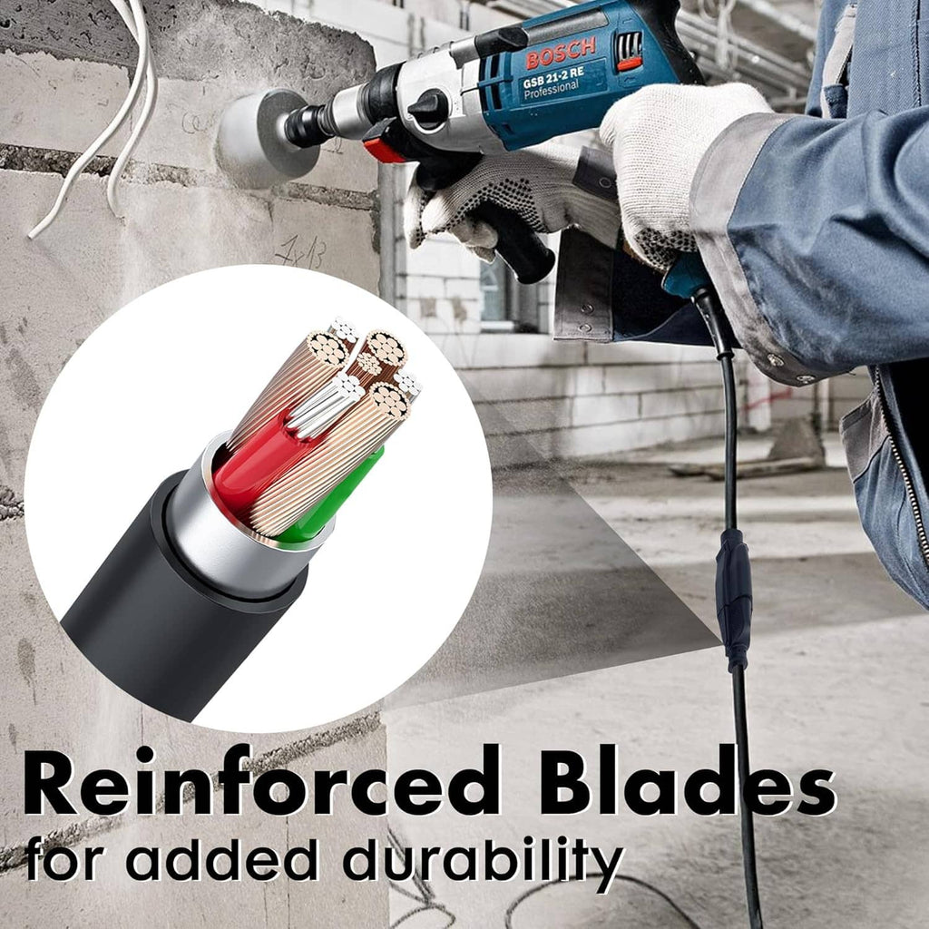 Black extension cord with grounded plug and close-up of reinforced cable section