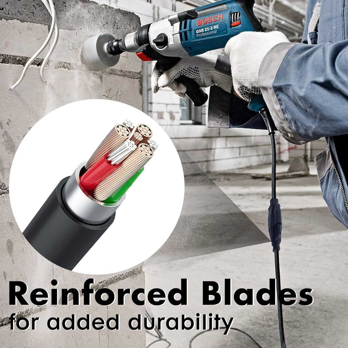 Black extension cord with grounded plug and close-up of reinforced cable section
