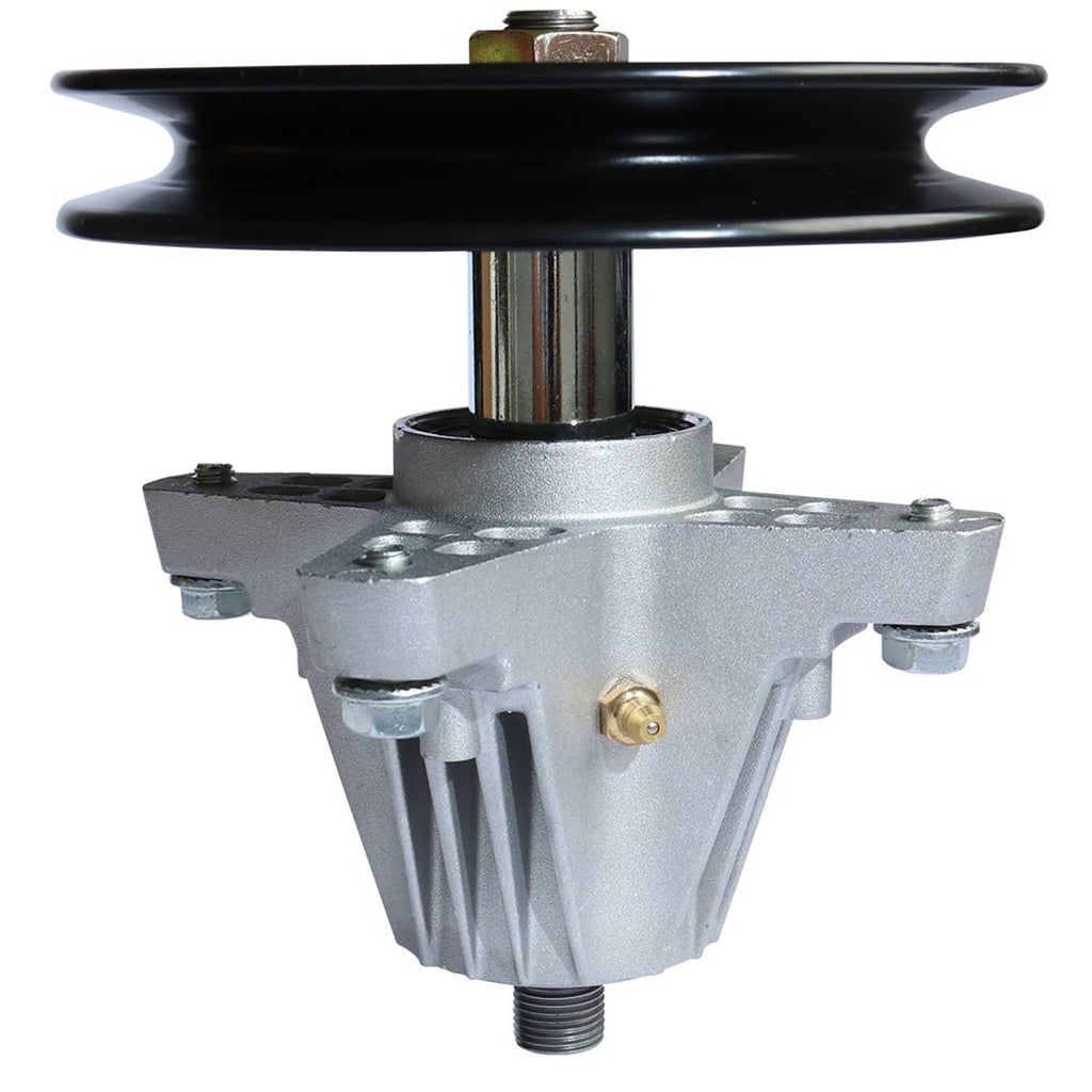 Spindle assembly front view with black pulley and silver housing