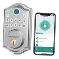 Electronic door lock with numeric keypad and circular fingerprint sensor, satin nickel