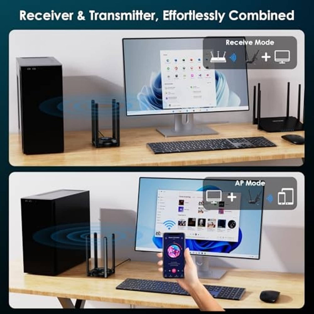 USB WiFi adapter with three tall antennas, ready for desktop PC connection