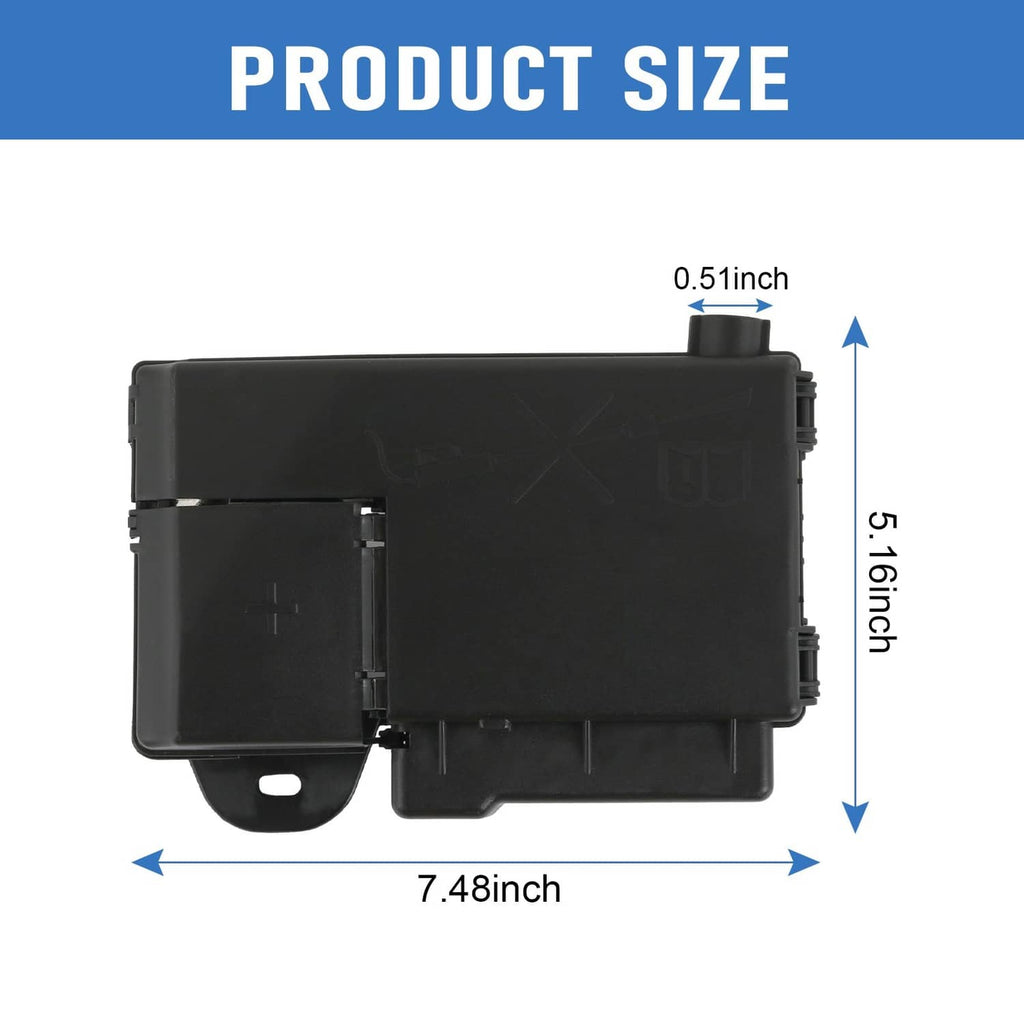 Black fuse block terminal with protective cover, front view with mounting tabs