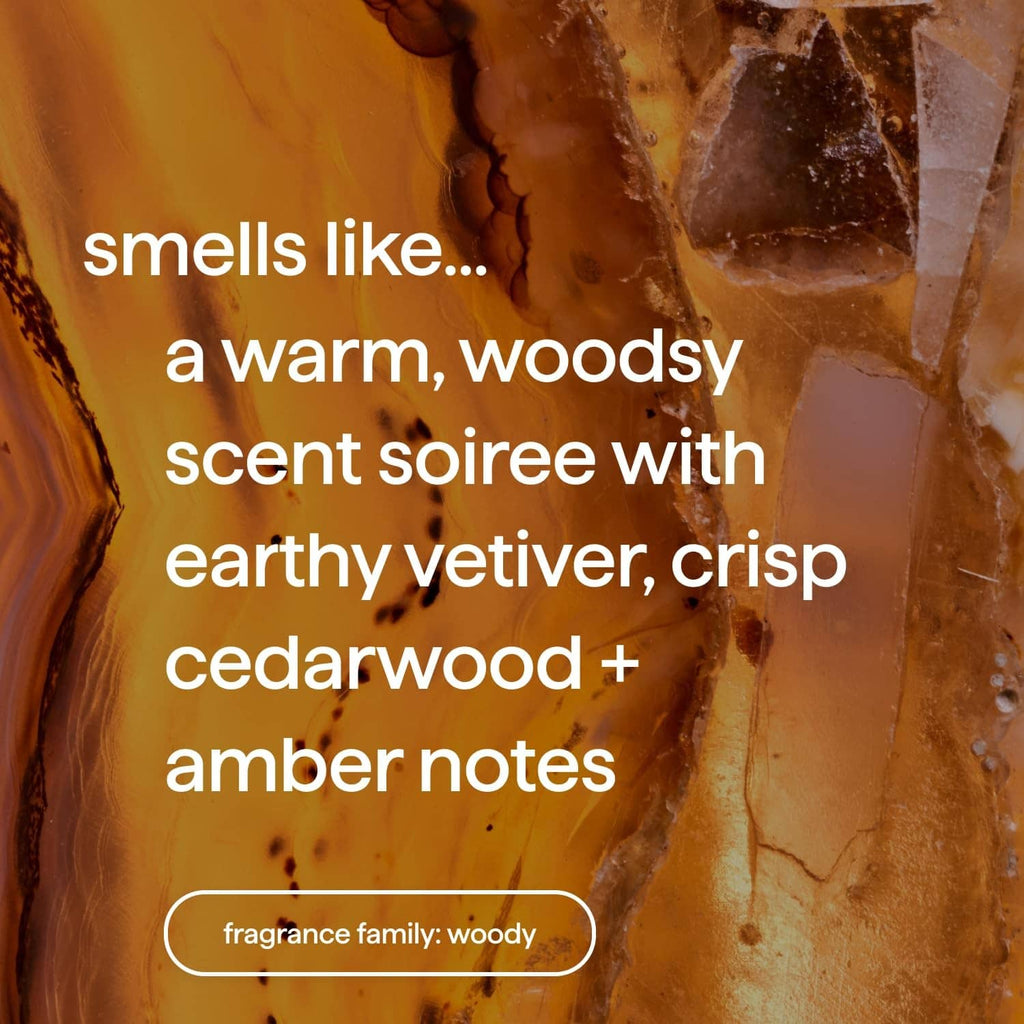 Vetiver and amber candle scent graphic with warm, woody notes background