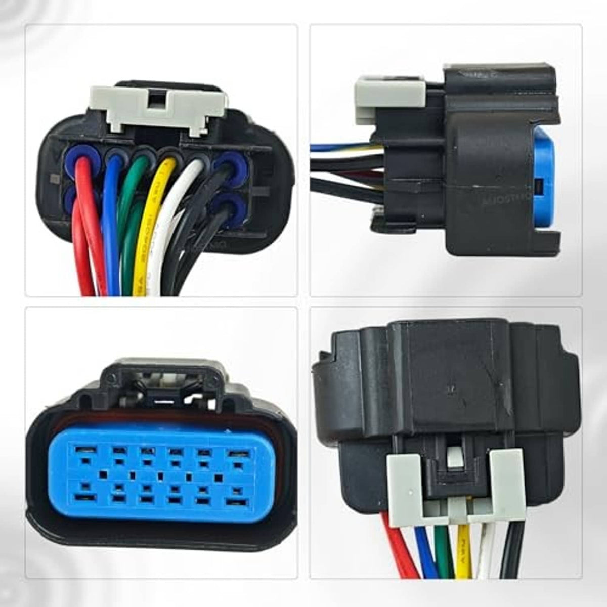 Headlight connector pigtail with black housing, colored wire bundle, and connector terminals