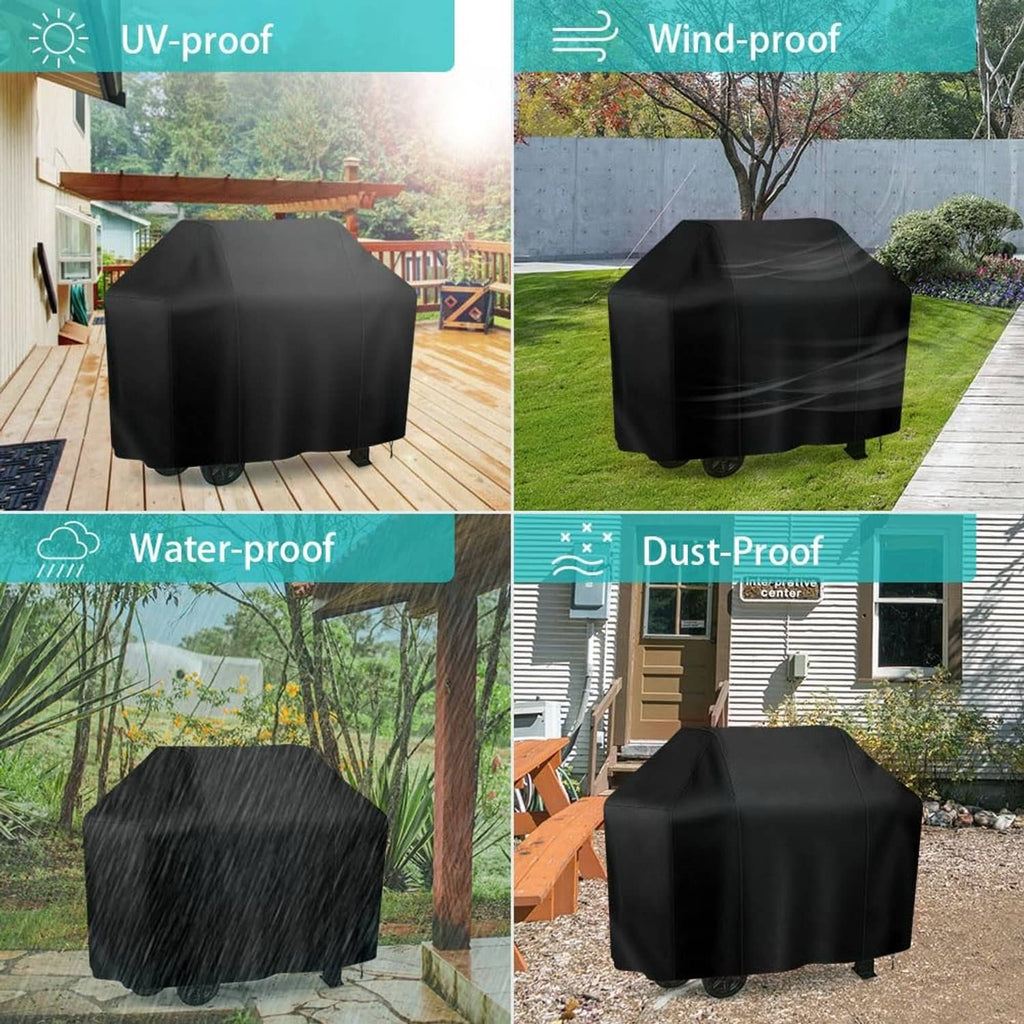 Black weatherproof grill cover with UV, water, wind, and dust protection