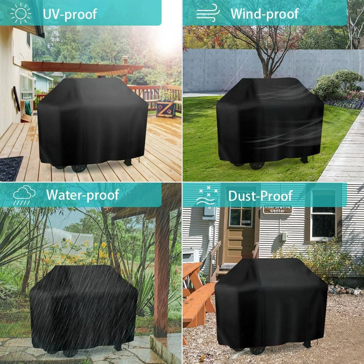 Black weatherproof grill cover with UV, water, wind, and dust protection