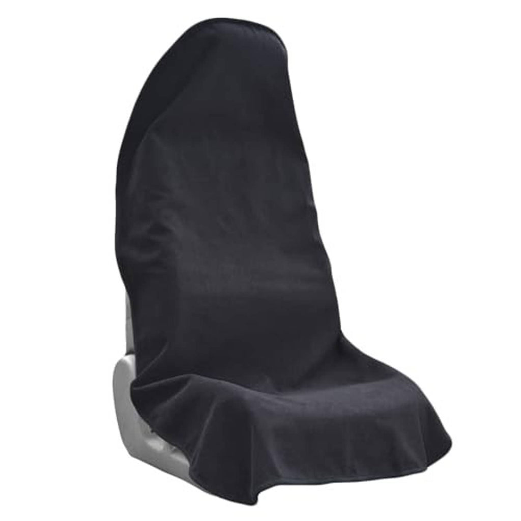 Black front seat cover, side view showing draped bottom edge and headrest shape