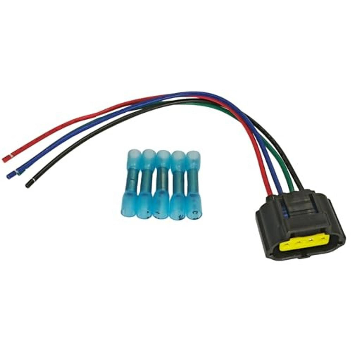 4-way TPS wiring harness pigtail kit with black plug, multicolor wires, and blue terminals