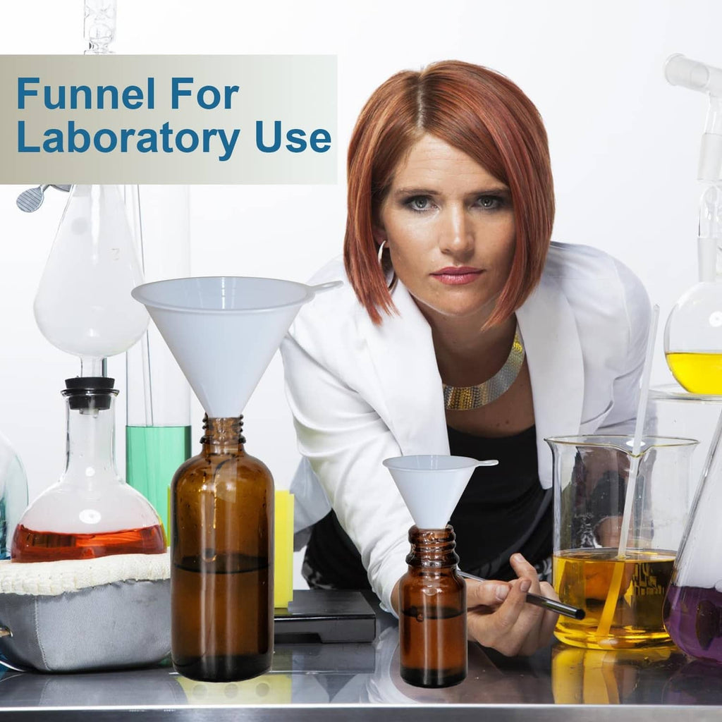 White plastic funnels with side spouts for laboratory pouring
